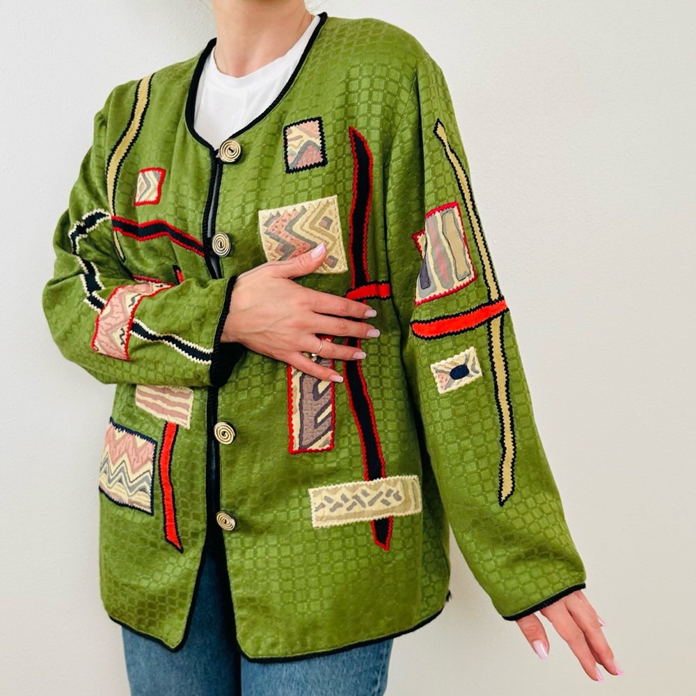Vintage Earth Sea & Sky Jacket Multicolored Applique Art Design Patchwork satin